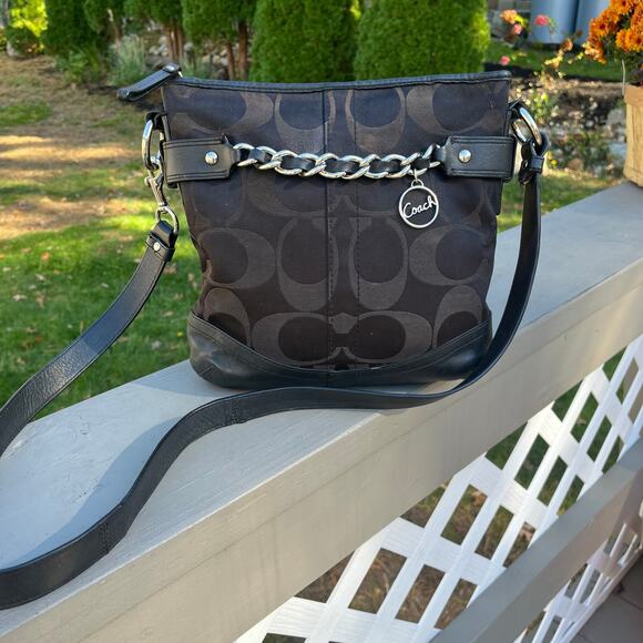 COACH Signature Optic Chain Bag, Black, Canvas with Leather Trim - Picture 10 of 12